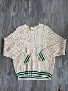 American Eagle Outfitters Cream Cable Knit Sweater with Green Stripe Trim